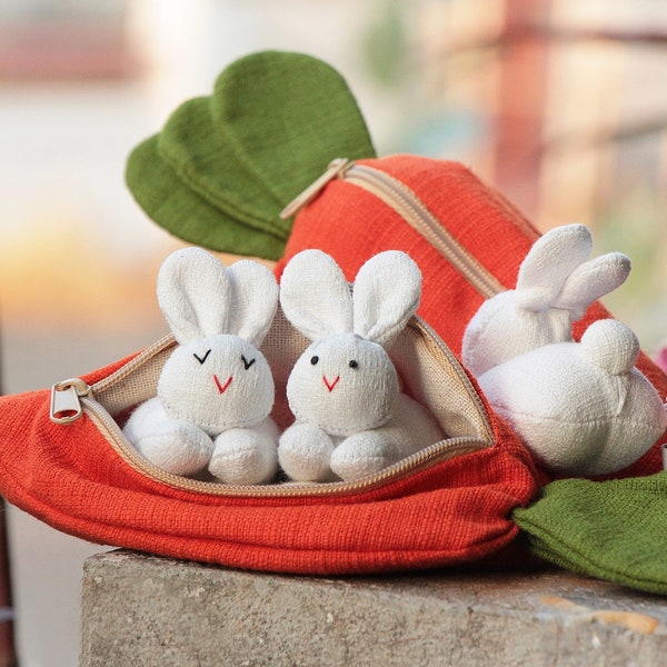 3 organic stuffed bunnies in carrot zip purse, Easter bunny, Home decor, Carrot treat bag, White bunny plush, Babyshower, Children's gift