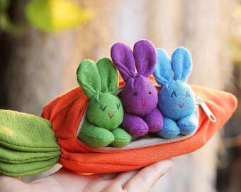 Organic Cotton Bunny Plush Toys in Carrot Pouch, Easter Decor, Children's Gift