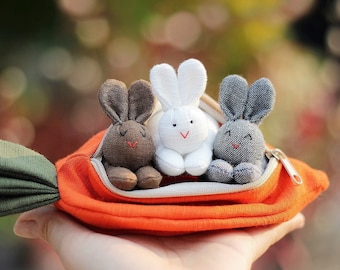 3 Organic stuffed bunnies in carrot zip purse, Bunny Easter, Bunny toy, Home decor, White bunny plush, Children's gift