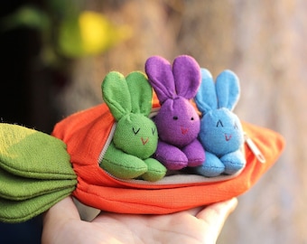 3 Organic stuffed bunnies in carrot zip purse, Bunny Easter, Bunny toy, Home decor, White bunny plush, Children's gift