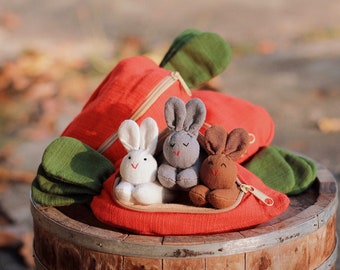 Wholesale 25 sets - Organic stuffed bunny, 3 bunnies in carrot zip purse, Easter bunny toy, Home decor, Children's gift