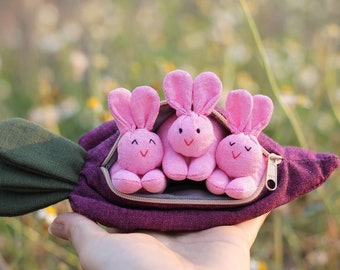 3 bunnies in carrot zip purse, Organic stuffed bunny, Bunny Easter, Bunny toy, Home decor, White bunny plush, Children's gift