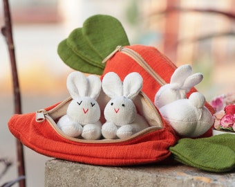 3 organic stuffed bunnies in carrot zip purse, Easter bunny, Home decor, Carrot treat bag, White bunny plush, Babyshower, Children's gift