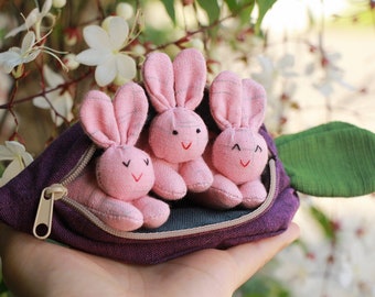 3 Organic stuffed bunnies in carrot zip purse, Easter bunny, Babyshowers, Home decor, Bunny plush, Children's gift