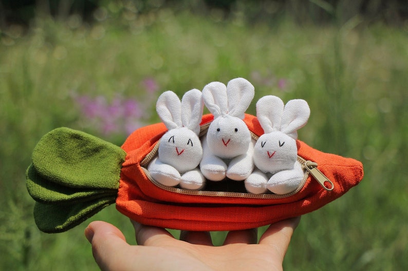 3 organic stuffed bunnies in carrot zip purse, Easter bunny, Home decor, Carrot treat bag, White bunny plush, Babyshower, Children's gift image 5