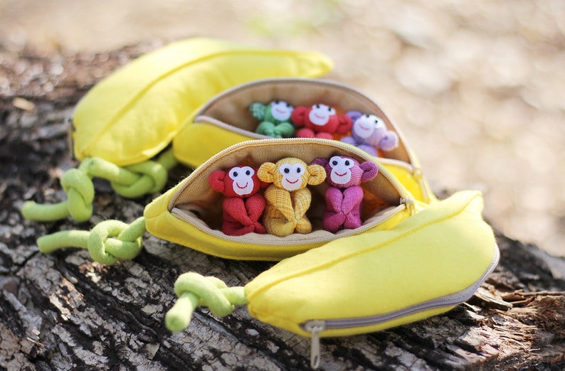 3 Monkeys in banana zip purse, Organic stuffed monkey, Handmade monkeys, Monkey plush, Stuffed plush toy, Home decor, Children's gift image 3