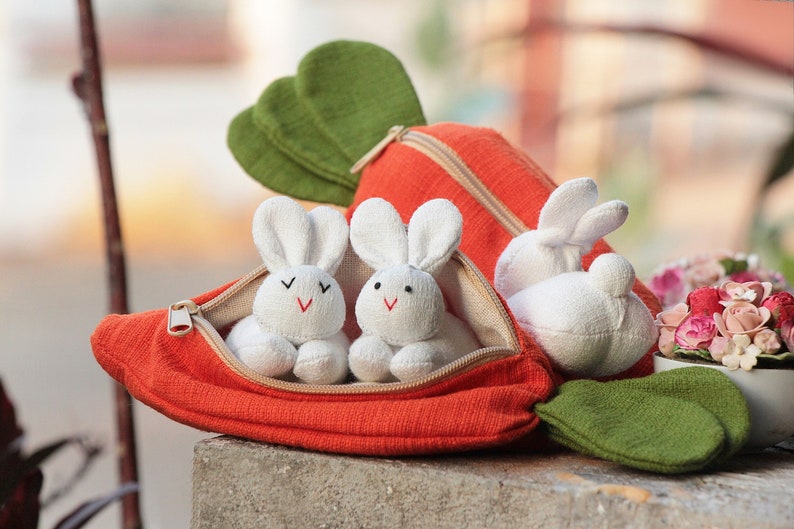 3 organic stuffed bunnies in carrot zip purse, Easter bunny, Home decor, Carrot treat bag, White bunny plush, Babyshower, Children's gift image 1