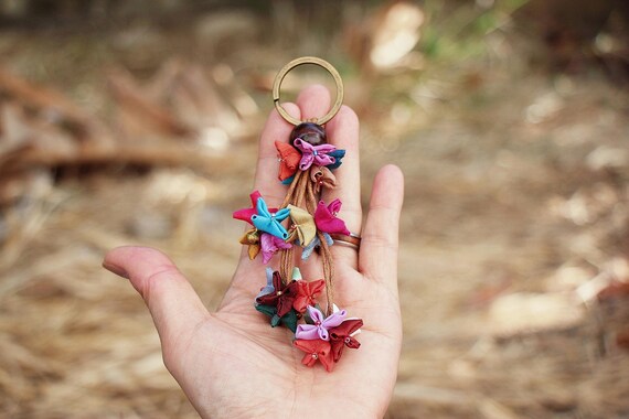 Handmade Silk Flower Key Ring: Cotton Fabric Keychain