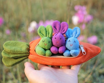 Wholesale 25 sets - Organic stuffed bunny, 3 bunnies in carrot zip purse, Easter bunny toy, Home decor, Children's gift