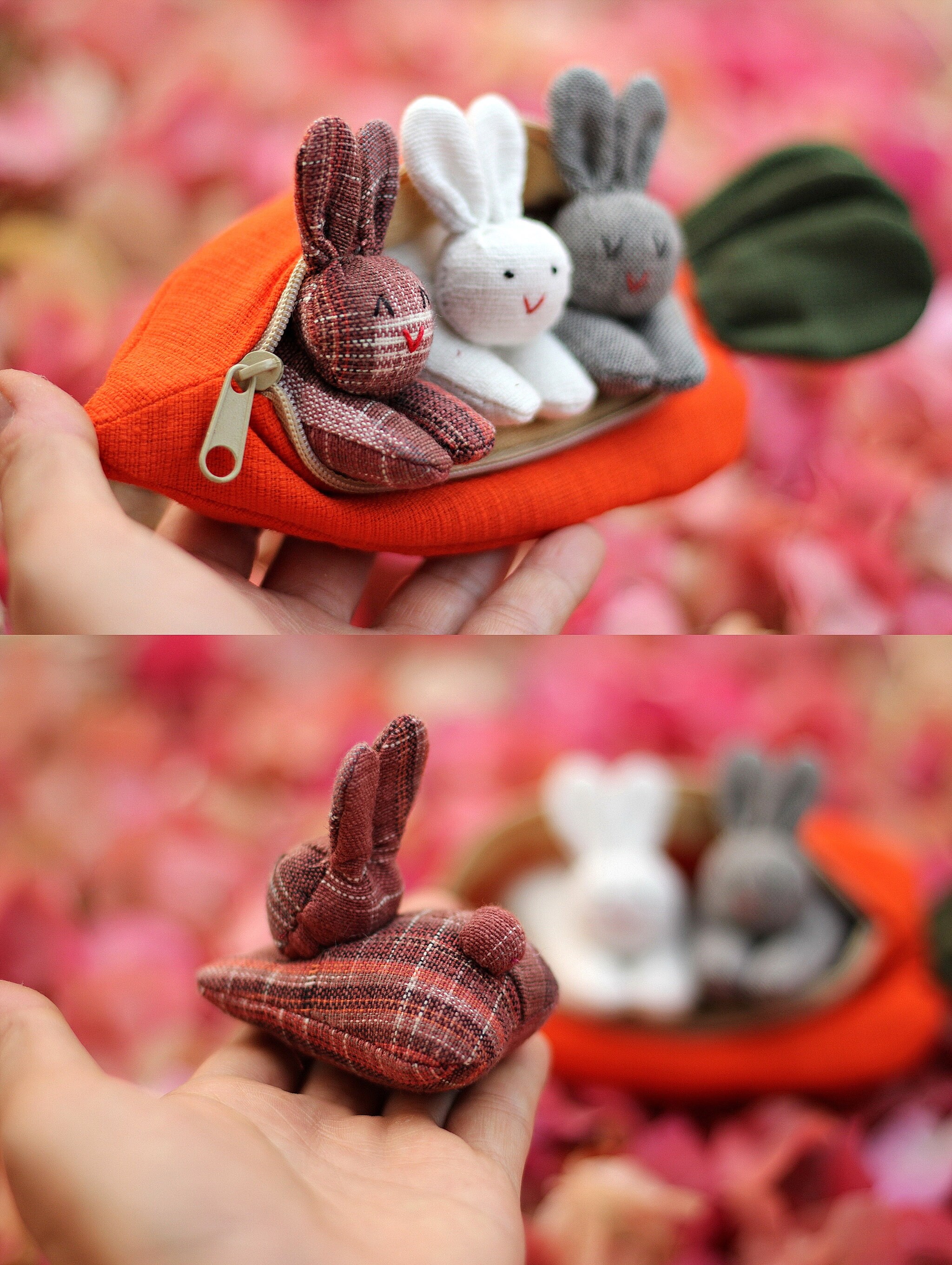 3 bunnies in a carrot purse