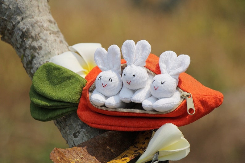 3 organic stuffed bunnies in carrot zip purse, Easter bunny, Home decor, Carrot treat bag, White bunny plush, Babyshower, Children's gift image 3