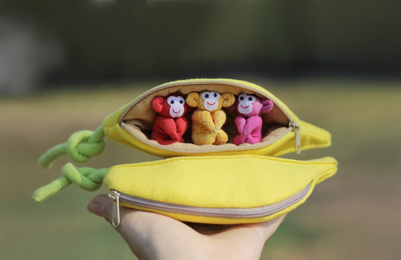 3 Monkeys in banana zip purse, Organic stuffed monkey, Handmade monkeys, Monkey plush, Stuffed plush toy, Home decor, Children's gift image 1