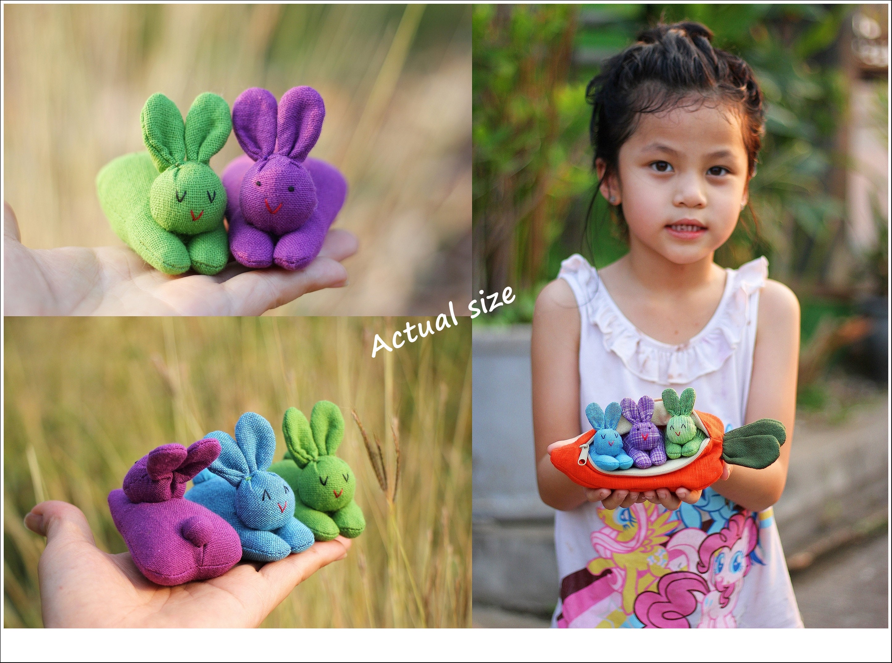 3 Organic stuffed bunnies in carrot zip purse, Bunny Easter, Bunny toy, Home decor, White bunny plush, Children&#39;s gift