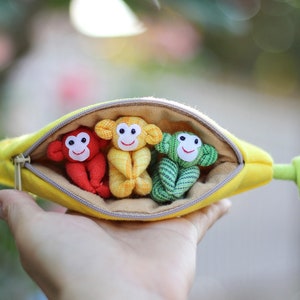 3 Monkeys in banana zip purse, Organic stuffed monkey, Handmade monkeys, Monkey plush, Stuffed plush toy, Home decor, Children's gift image 6