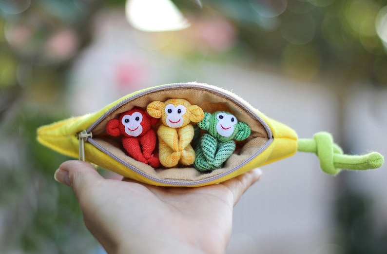 3 Monkeys in banana zip purse, Organic stuffed monkey, Handmade monkeys, Monkey plush, Stuffed plush toy, Home decor, Children's gift image 6