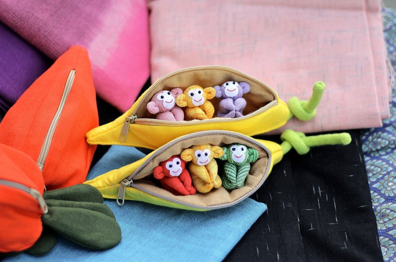 3 Monkeys in banana zip purse, Organic stuffed monkey, Handmade monkeys, Monkey plush, Stuffed plush toy, Home decor, Children's gift image 5