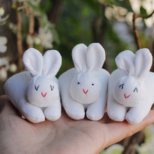 3 organic stuffed bunnies in carrot zip purse, Easter bunny, Home decor, Carrot treat bag, White bunny plush, Babyshower, Children's gift image 2