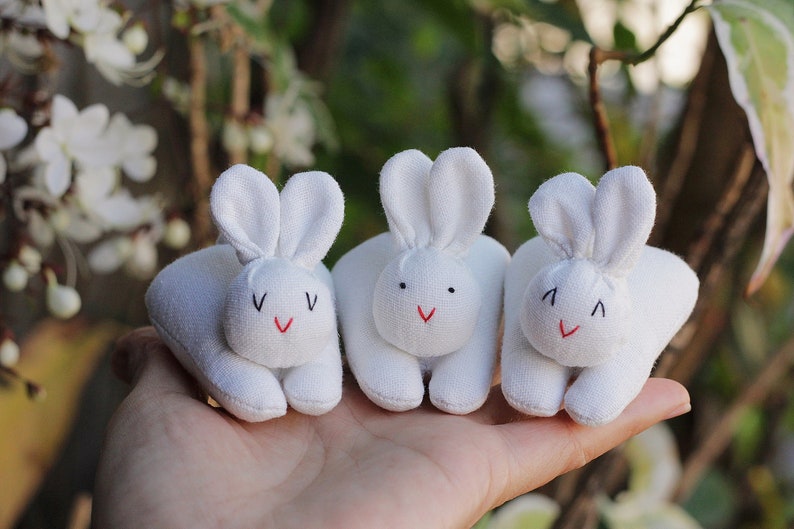 3 organic stuffed bunnies in carrot zip purse, Easter bunny, Home decor, Carrot treat bag, White bunny plush, Babyshower, Children's gift image 2