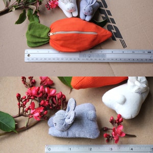 3 organic stuffed bunnies in carrot zip purse, Easter bunny, Home decor, Carrot treat bag, White bunny plush, Babyshower, Children's gift image 7