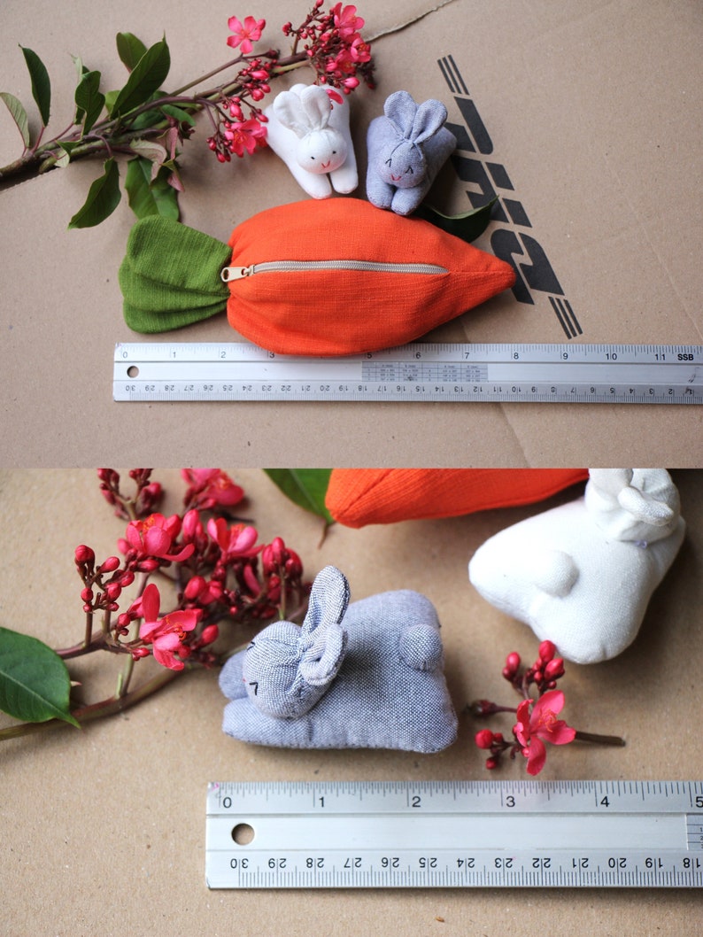 3 organic stuffed bunnies in carrot zip purse, Easter bunny, Home decor, Carrot treat bag, White bunny plush, Babyshower, Children's gift image 7