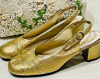 Vintage gold ladies sling back shoes/ 1960s Stead & Simpson block heel shoes/ TV Film costume dept shoes/Call the midwife Pixie vibe shoes
