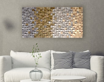 textured wood wall art, mosaic wall hanging, 3D wood wall art, wood wall decor grey brown, modern wooden wall art