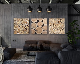 Wood Slice Wall Art: Large Triptych Panel Set