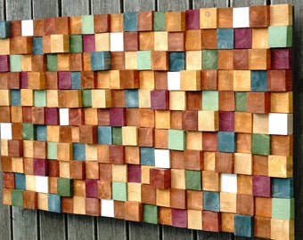 Handmade 3D Wood Wall Art: Colorful Mosaic Wall Decor