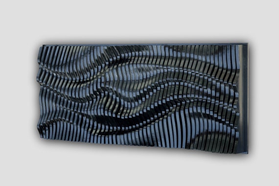 Glossy black parametric wall art made of wooden slats, sound diffuser, 3d wavy wall sculpture, geometric wall decor, large wall hanging