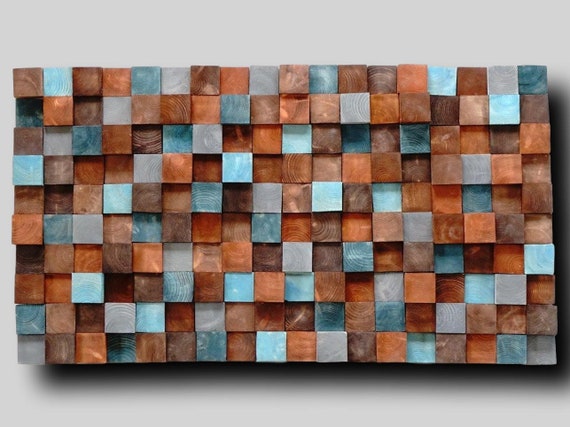 Textured Wooden Wall Art, Wooden wall art, Mosaic Wall Hanging, Modern Wood Decor Blue Brown, Modern Wooden Wall Art