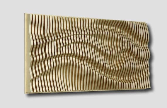 Golden parametric wall art of wooden slats, wood sound diffuser, 3d wavy wall sculpture, geometric wall decor, large wall hanging