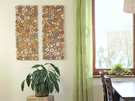 wood wall art - a set of twin 2 panles, Tree rounds decor, tree slice wall board, modern wood art