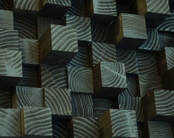 Zwarte houten geluidsdiffusor: houten muursculptuur (90 x 150 cm)