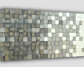 Gold grey wood wall art, wood block 3d wall art, hues of grey wood wall decor, urban bronze wooden wall hanging, goldwashed grey white decor
