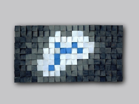 Modern Wood Wall Art, 3D Wooden Decor, Mosaic Art, Elegant Tribal Wood, Hand Painted Square, White Blue shades of Gray