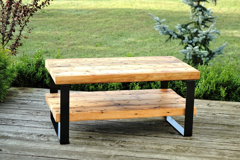 Reclaimed Wood Beam Coffee Table With Shelf 2 Level Image 0