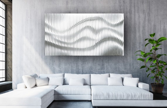 Weiße gewellte holzwanddekoration aus latten, Schallabsorber, 3D gewellte Wandskulptur, geometrische Wanddekoration, parametrische wandkunst