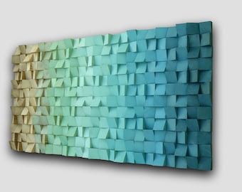 Gradient blue green brown wooden wall art, ombre hanging geometric sculpture with dimensional layers and modern abstract 3D design