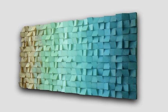 Gradient blue green brown wooden wall art, ombre hanging geometric sculpture with dimensional layers and modern abstract 3D design