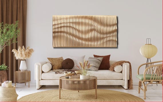 Parametric wall art of natural wooden slats, wood sound diffuser, 3d wavy wall sculpture, geometric wall decor, large wall hanging