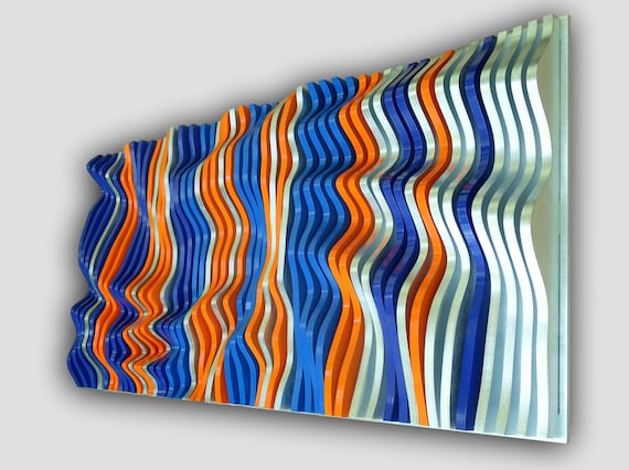 silver, blue and orange parametric wall art of wooden slats, wood sound diffuser, 3d wavy wall sculpture, large wall hanging