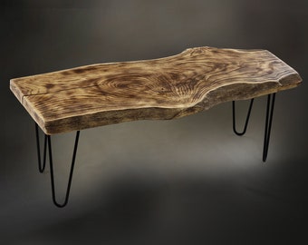 charred wood coffee table, live edge coffee table uk, dining bench, hairpin legs, burned wood coffee table,