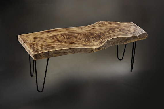 burned wood coffee table, charred wood live edge couch table uk, hairpin legs dining bench, accent table, natural living room eating bench