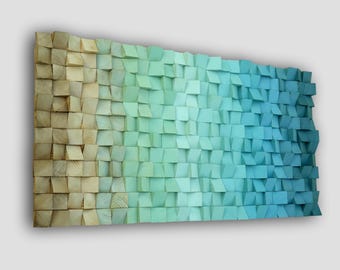 Gradient Blue Green Brown Geometric Sculpture , Ombre 3D Wood Wall Art , GB