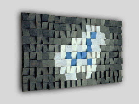 Large wall sculpture mosaic art, geometric wood wall art, white blue gray coastal wall art, modern reclaimed wood wall art 3d wooden mosaic