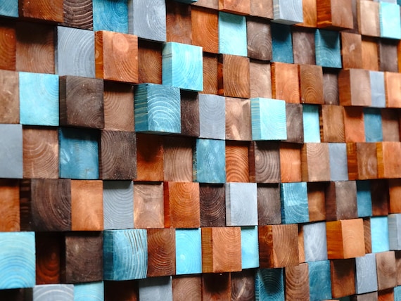 Textured Wooden Wall Art, Mosaic Wall Hanging, contemporart Blue Brown Wooden Wall Art, brown gray turquoise dimensional modern wall decor