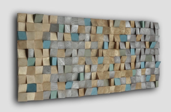 Earth tone wall art, smoky gray, sand, grayish brown with silver and golden tones, turquoise, green, sky blue, textured wood wall decor