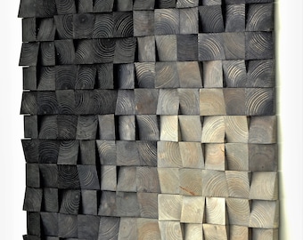 Gray Wood Mosaic Wall Art: 3D Wood Sculpture, Sound Diffuser