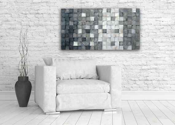 Wooden Mosaic Wall Art, Black White Grey Abstract Art, Sound diffuser, 3d Wall Art, Large Wood Wall Sculpture, Wooden Blocks Wall Hanging