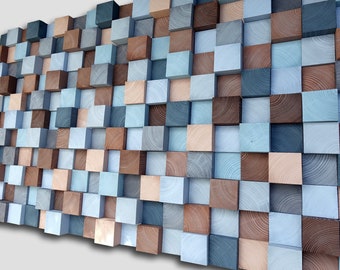 Rustic Wooden Mosaic Wall Art, Blue Grey Brown Decor